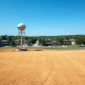 Chapin town with water tower and dry landscape