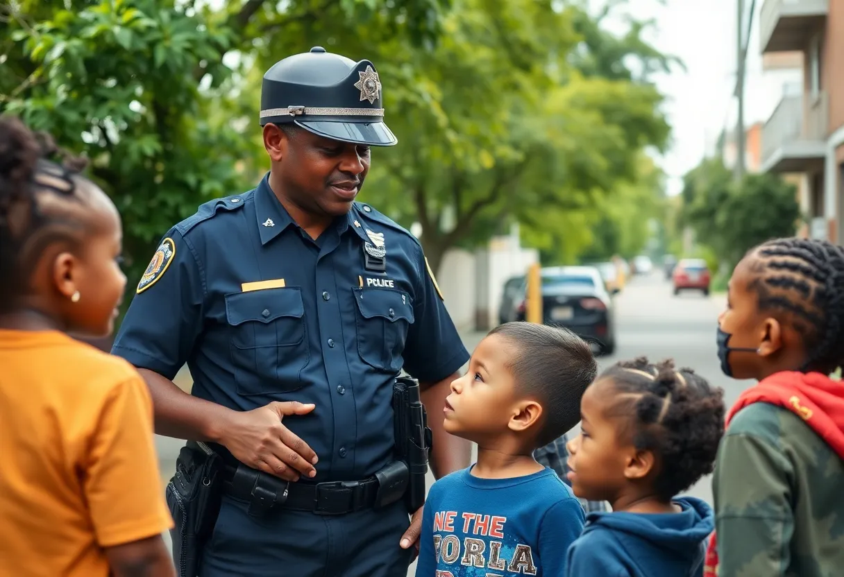 Police officer interacting with children in the neighborhood