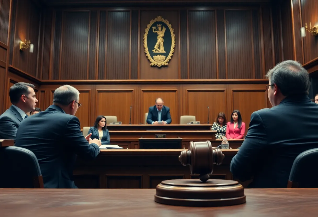 A courtroom setting during a verdict announcement for a defamation case.