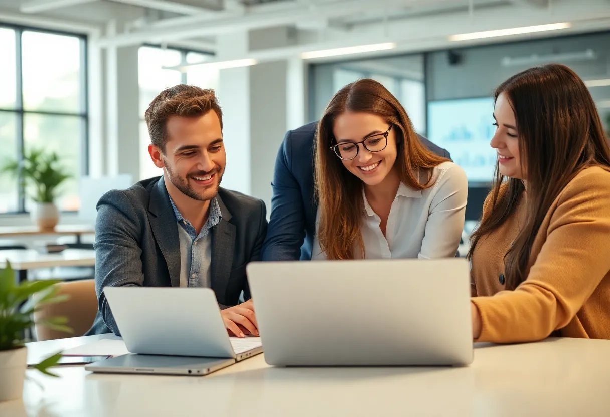 Team analyzing marketing data with laptops and screens