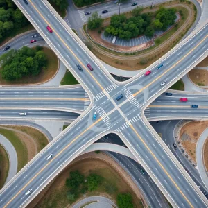 Aerial view of the diverging diamond interchange at Broad River Road and I-20 in Columbia, SC