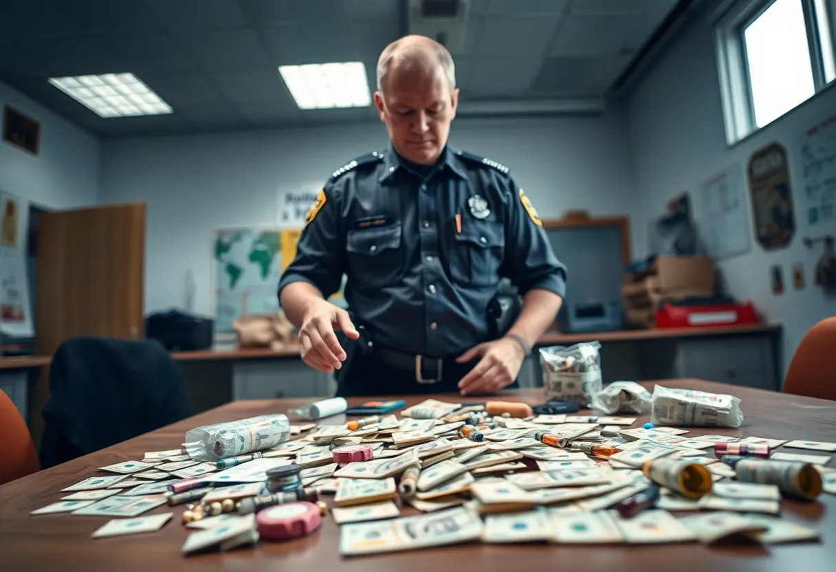 Police inspecting drugs and cash after a significant drug bust in West Columbia