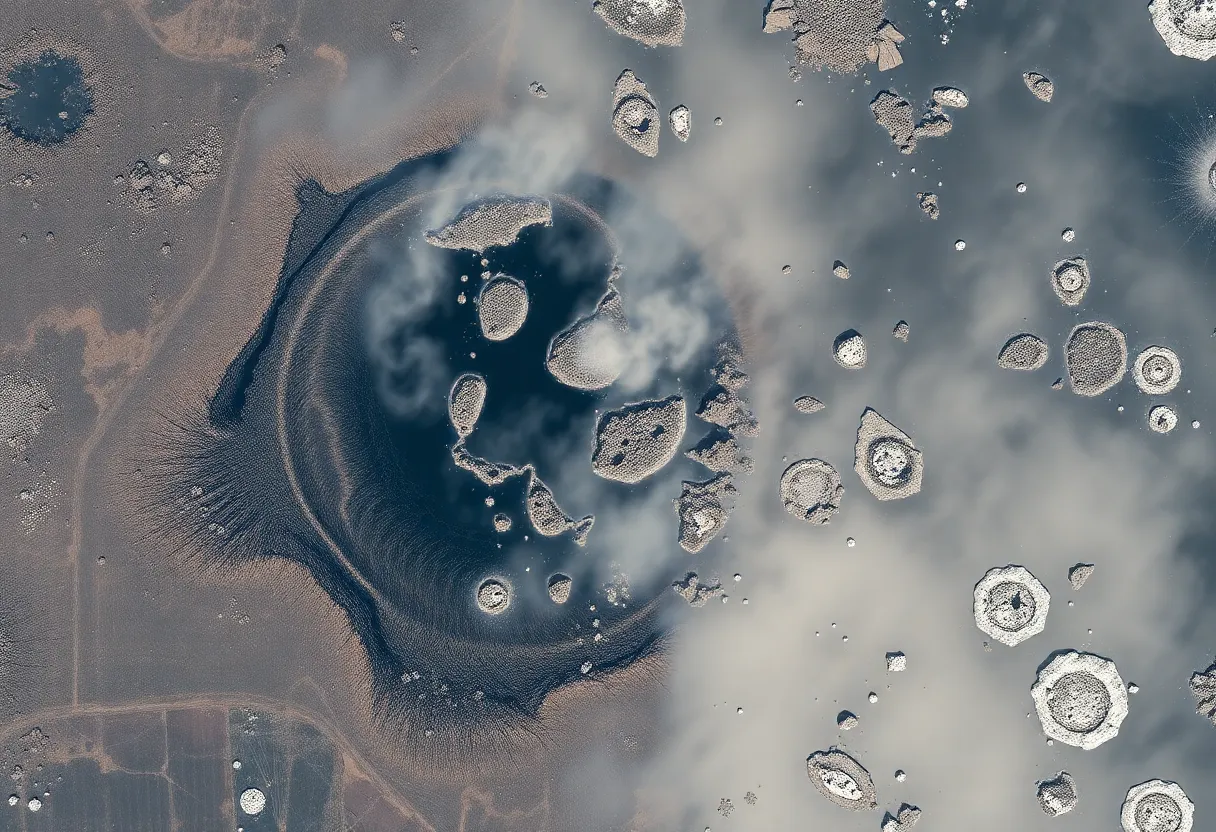 Satellite image showing extensive damage at a nuclear facility with craters