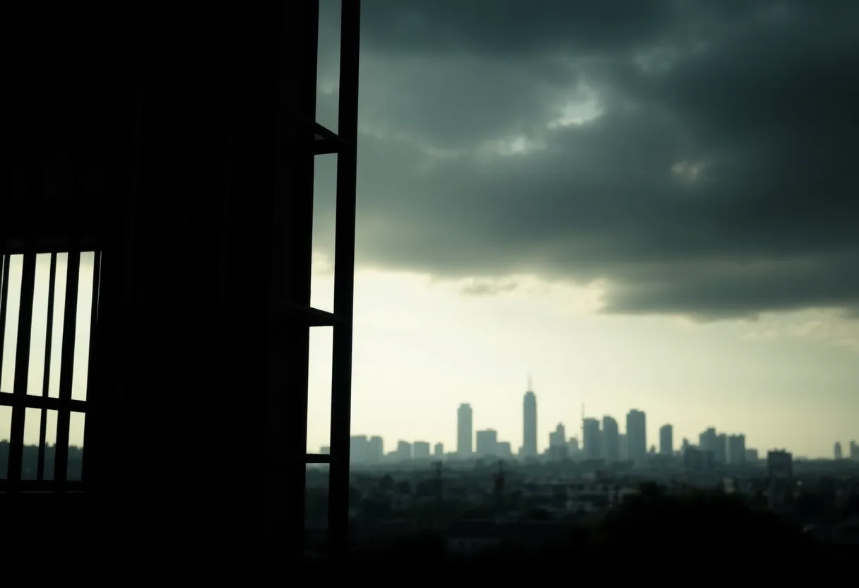 A dark jail cell with shadows representing mystery and tragedy