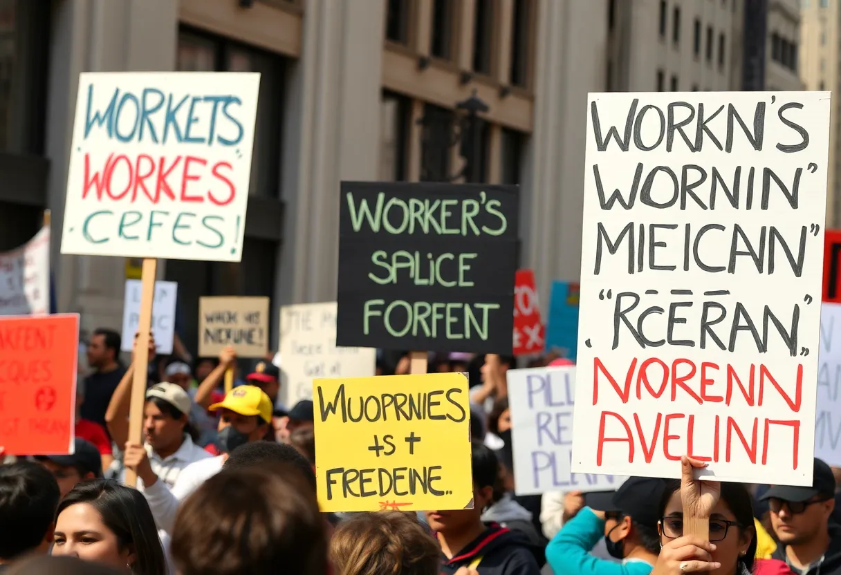 Protesters rallying in Los Angeles for workers' rights and immigration reform.