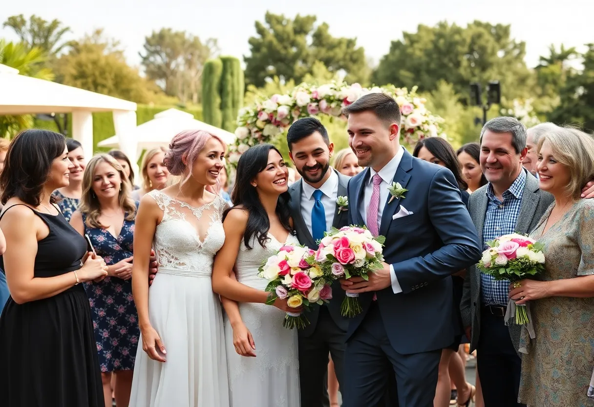 LGBTQ+ couples celebrating marriage in a joyful outdoor ceremony.