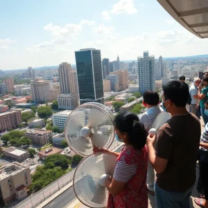 Community members receiving fans during summer initiative