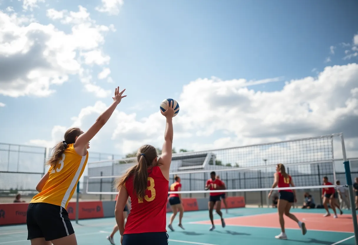 Men's volleyball players in action on the court.