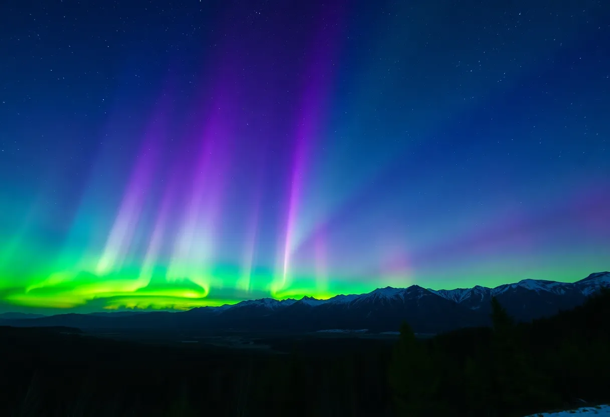 A stunning display of the northern lights over a dark landscape with silhouettes of trees.