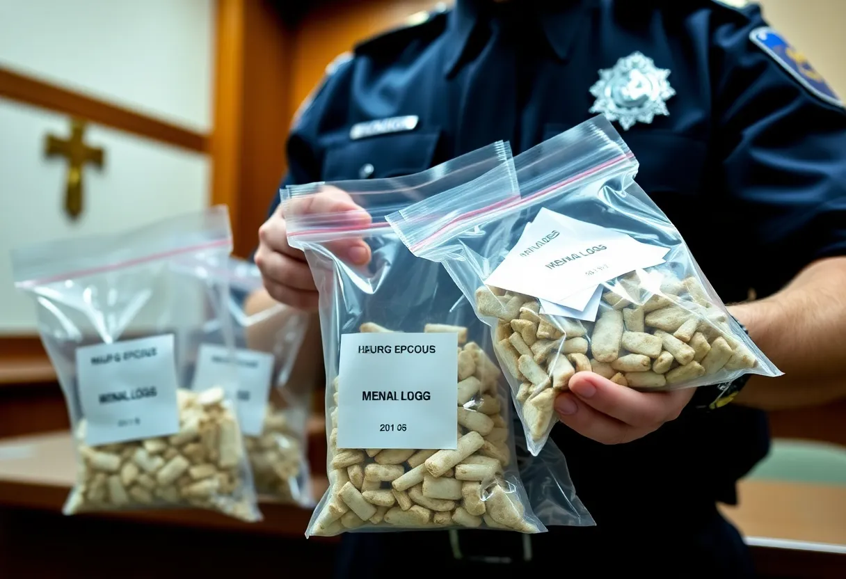 Evidence bags of fentanyl drugs with police presence