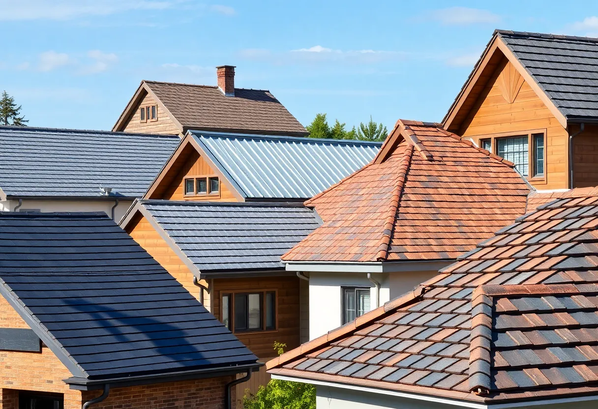 Different roofing materials displayed on various home styles