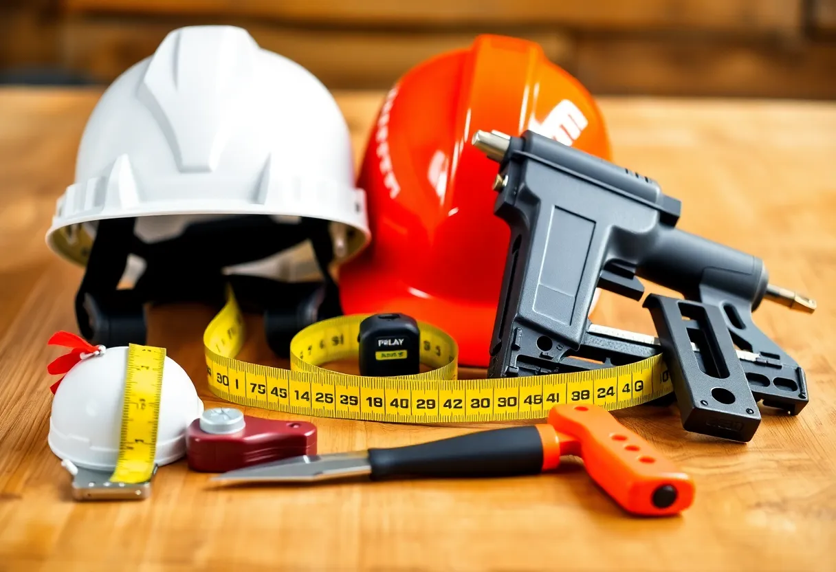 A variety of roofing tools including safety gear and cutting tools on a table.