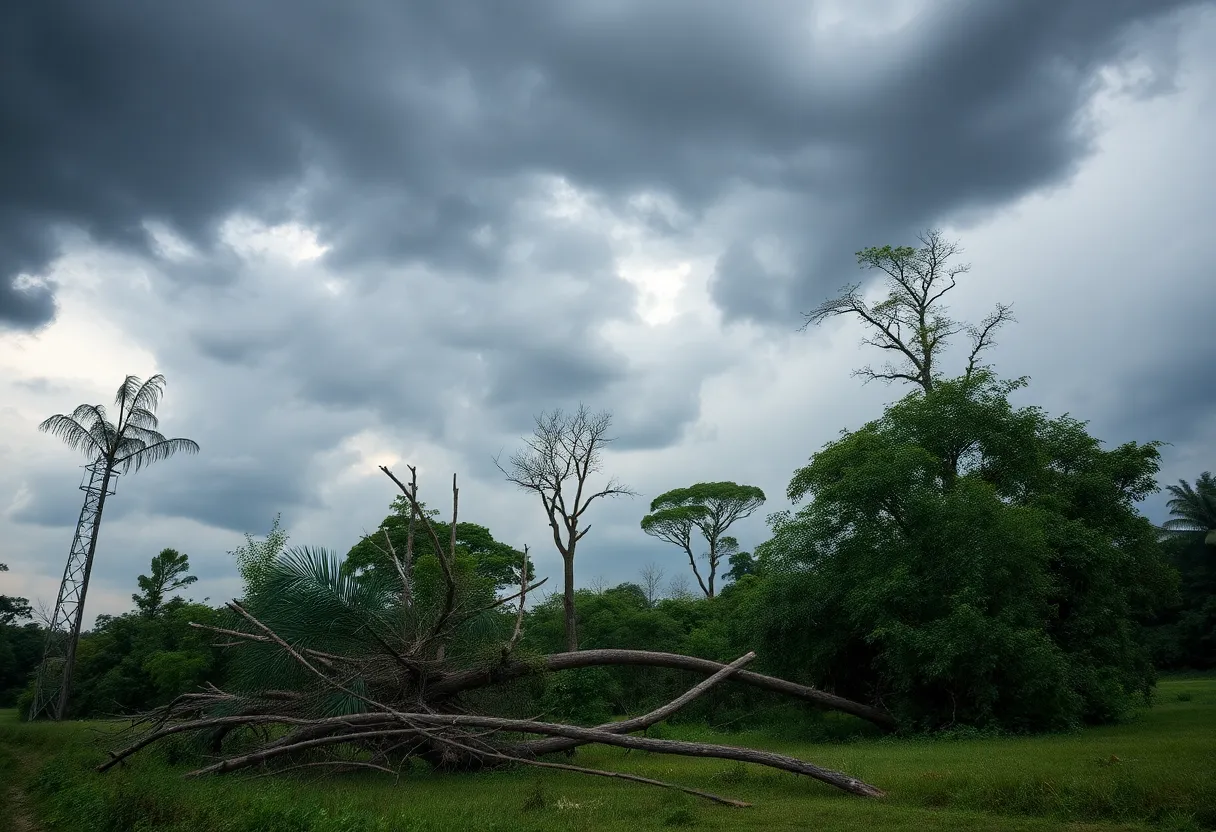Storm damage in Columbia with downed trees and power lines