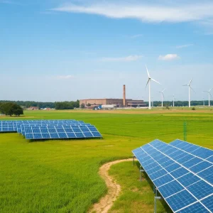View of energy infrastructure in South Carolina with natural gas plant and solar panels