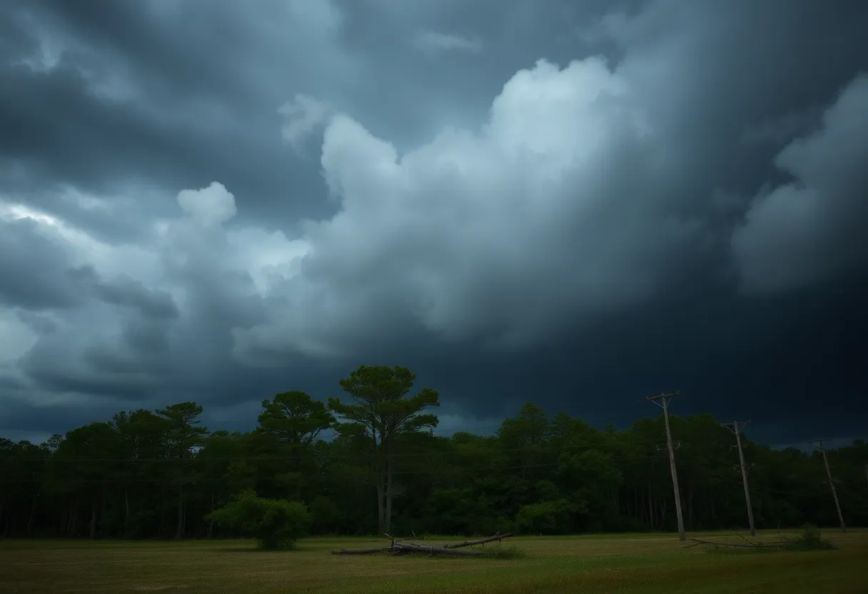Storm damage in South Carolina with fallen power lines and trees