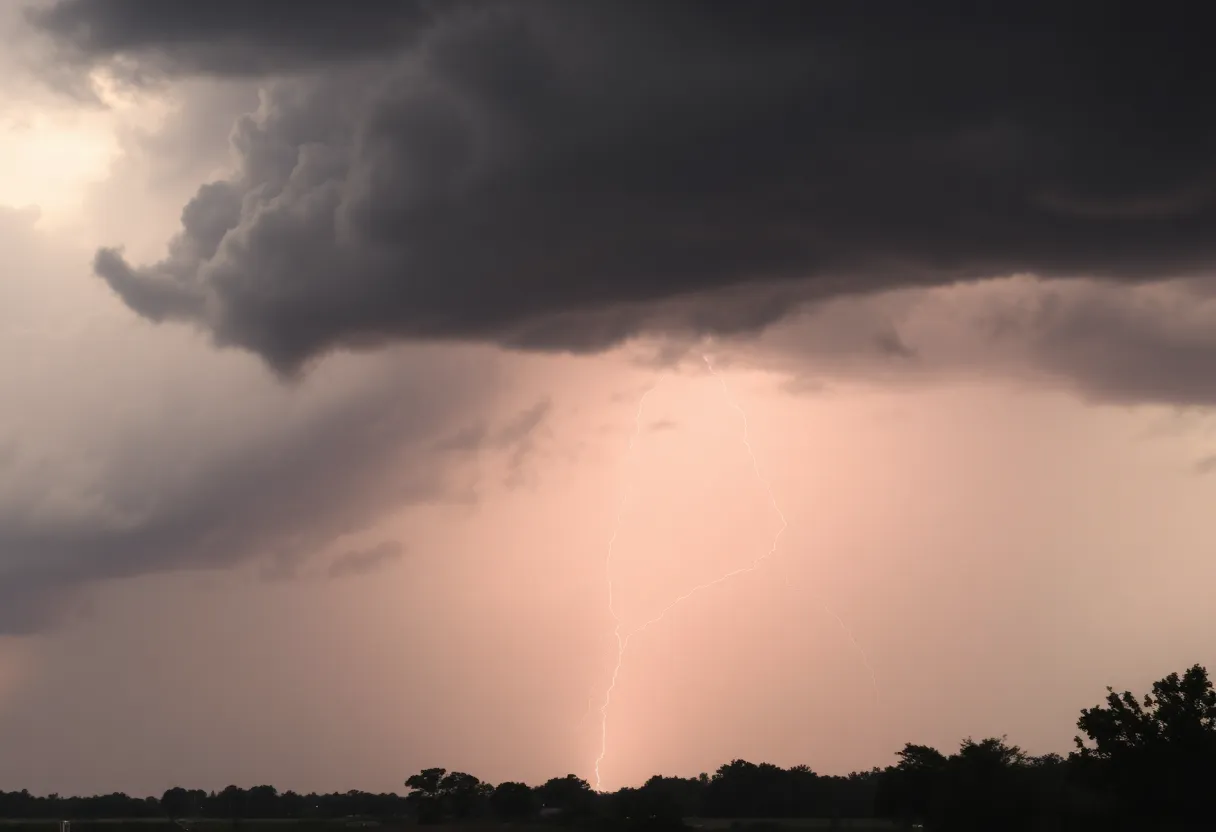 Dark thunderstorm clouds over Columbia, SC with visible lightning.