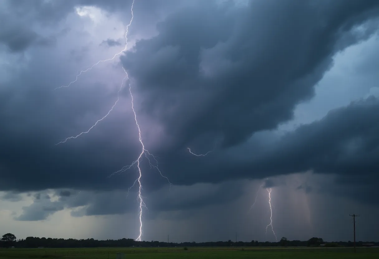 A thunderstorm cloud over South Carolina with lightning and rain.