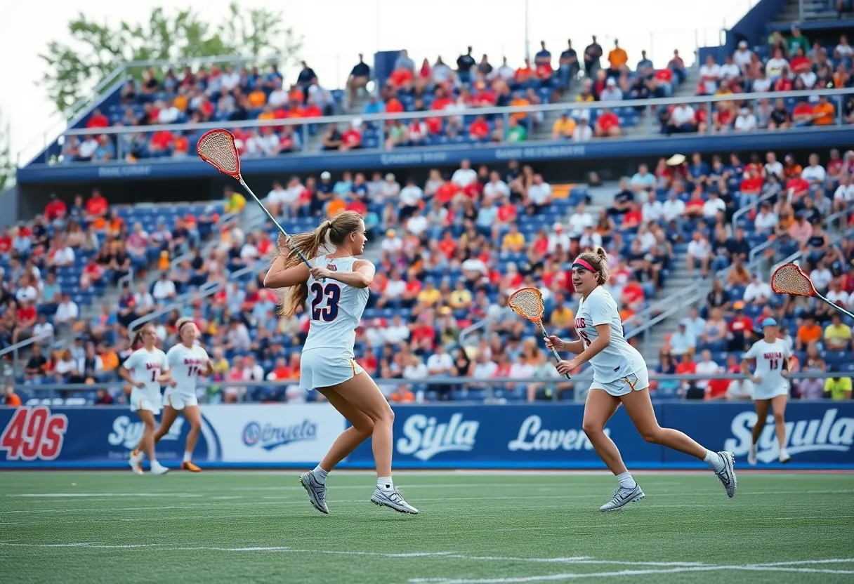 Action scene from a women's lacrosse game featuring dynamic player movements.