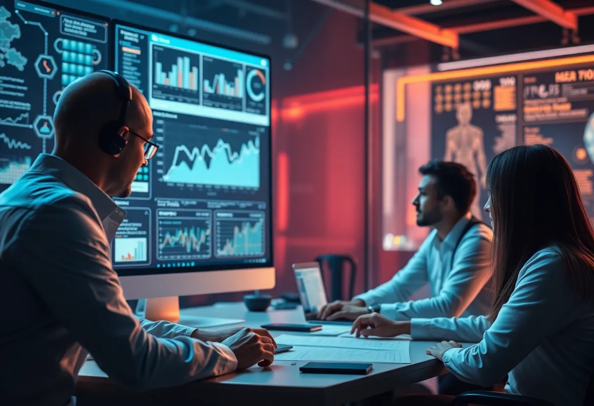 Scene illustrating AI's role in digital marketing audits with professionals and data analysis.