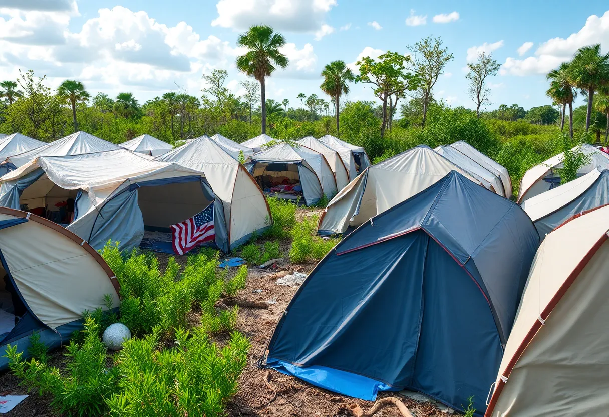 Aerial view of the Alligator Alcatraz migrant detention facility in Florida Everglades showing tents and surroundings