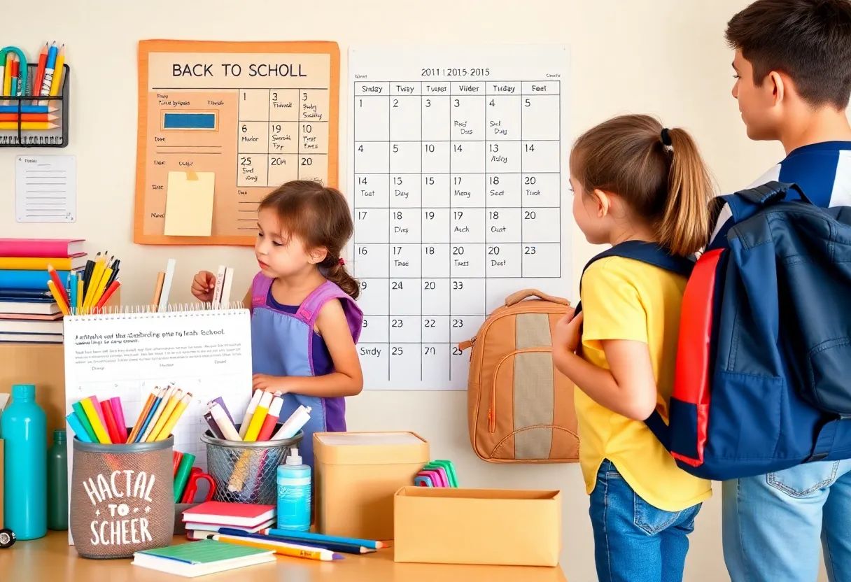 Family getting ready for back to school with supplies and a calendar