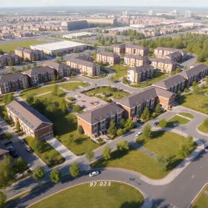 Conceptual rendering of the Brighton mixed-use development showing homes and community features.