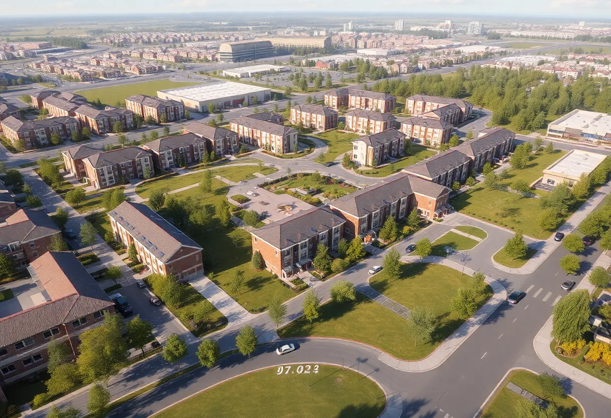 Conceptual rendering of the Brighton mixed-use development showing homes and community features.