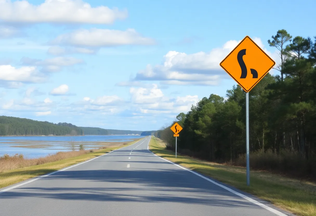 Peaceful landscape of Bush River Road in South Carolina with road signs