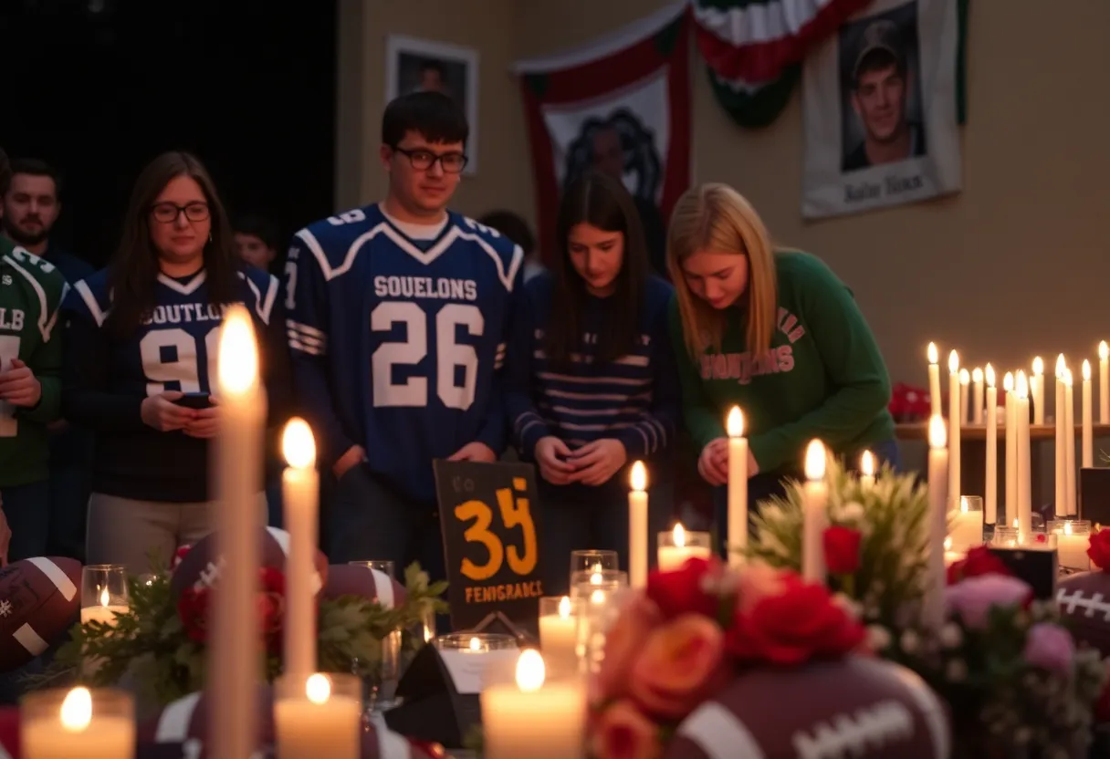 Community gathering with candles in memory of a young football player
