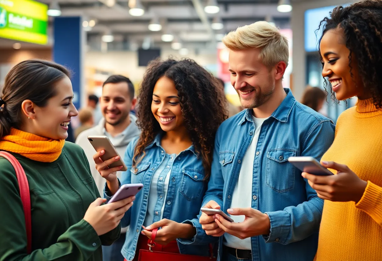 Visual representation of a customer loyalty program with satisfied customers using a mobile app.