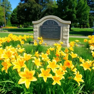 Daylilies planted around a monument dedicated to a sports figure