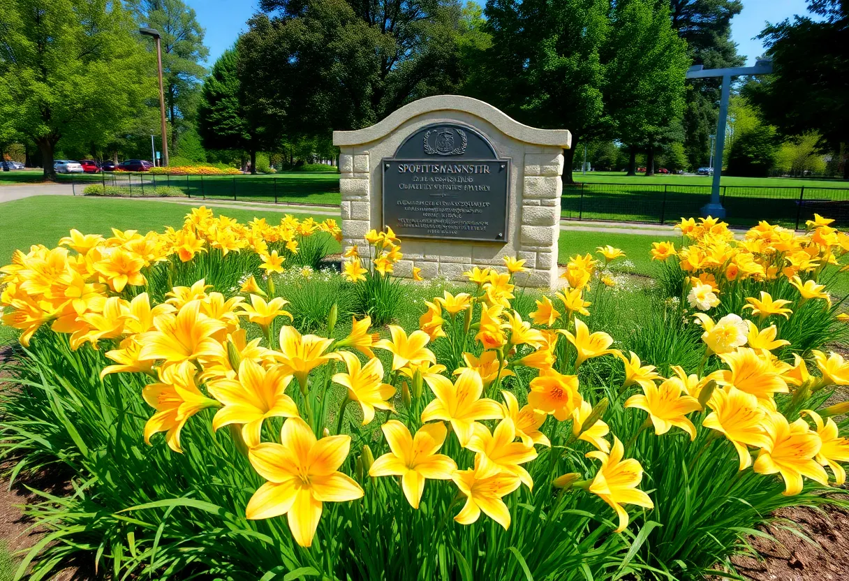 Daylilies planted around a monument dedicated to a sports figure