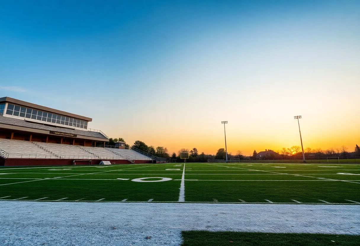 Empty football field at sunset