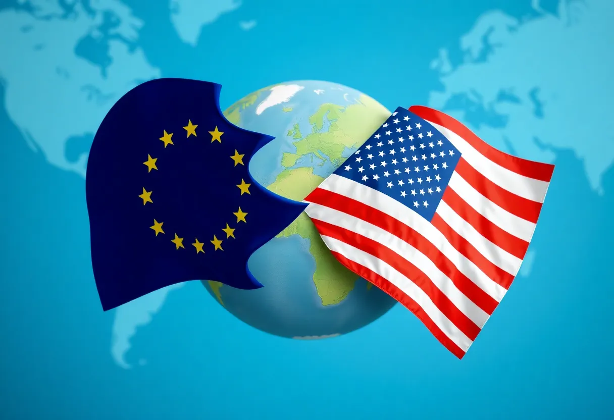 Symbolic representation of EU and US trade tensions with flags
