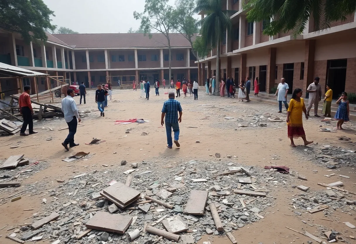 Emergency responders at the crash site of a fighter jet in Dhaka