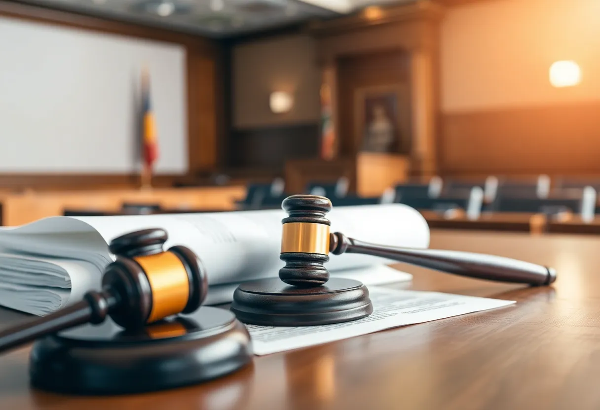 Courtroom scene depicting legal actions related to an appeal