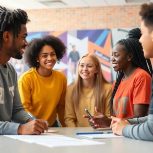 Diverse student-athletes participating in a leadership workshop.