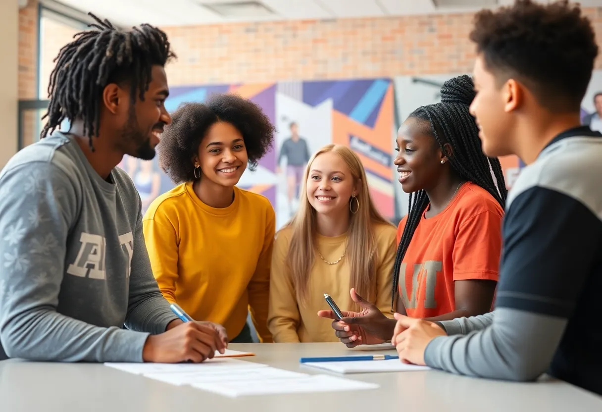 Diverse student-athletes participating in a leadership workshop.