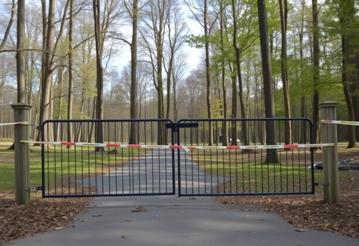 Closed entrance to Lynch’s Woods County Park with caution tape.