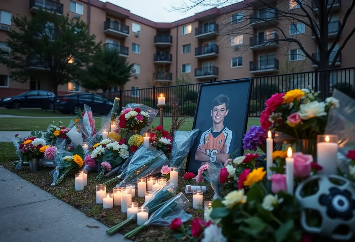 Memorial with flowers and candles for a young athlete in front of an apartment complex.