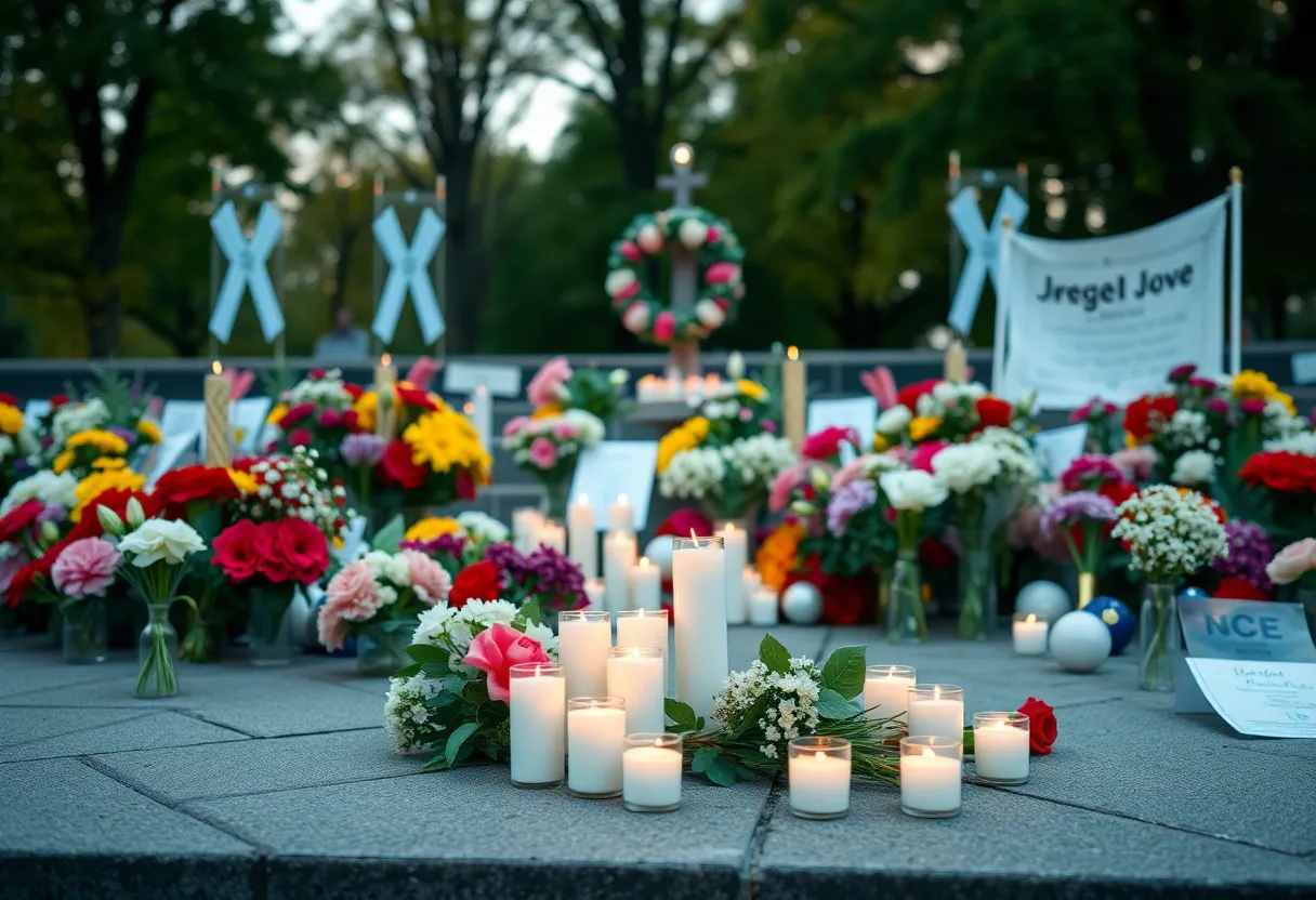 A memorial setting with flowers and candles
