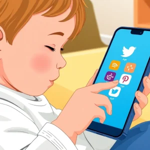 Child using a smartphone with social media icons