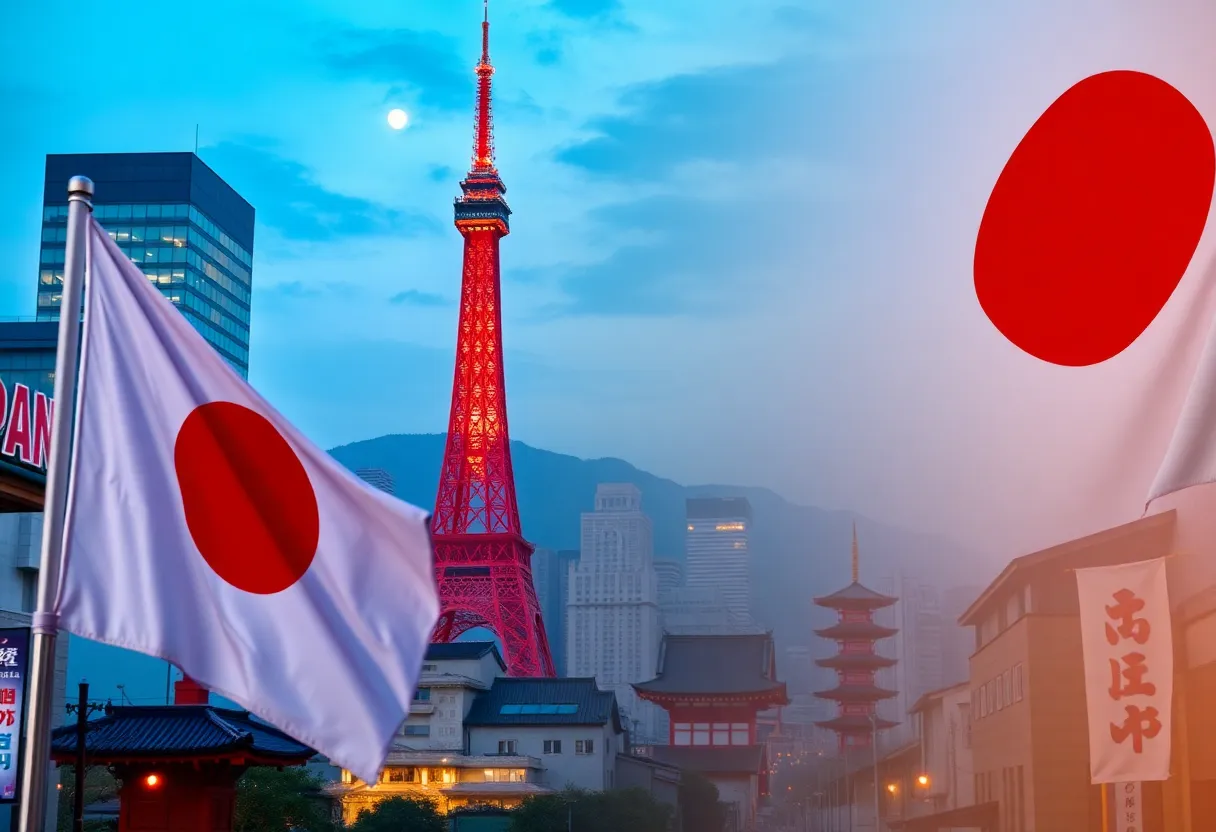 Symbolic representation of nationalism in Japan with a blend of the Japanese flag and cultural elements.