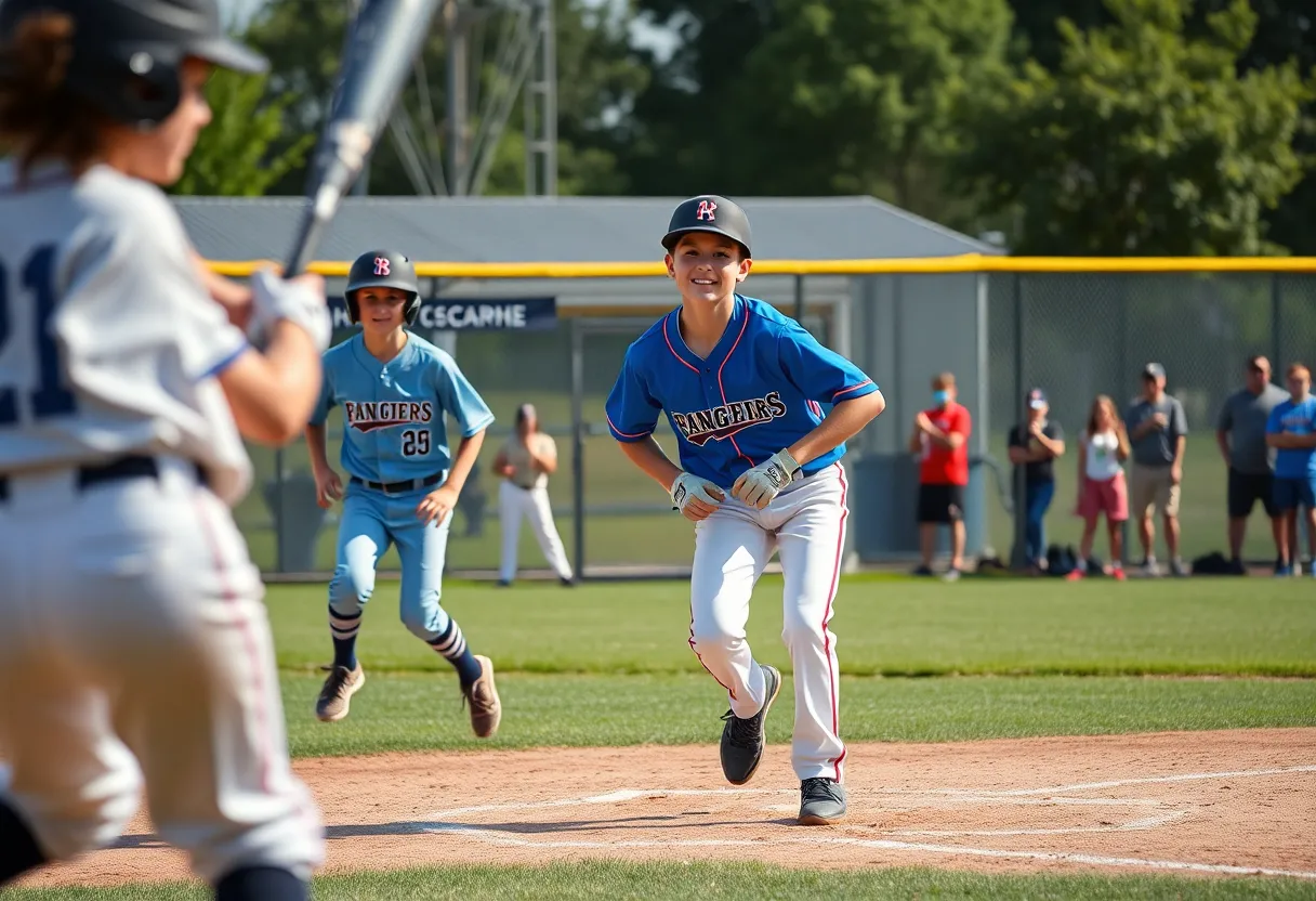 Youth baseball players in action during a game