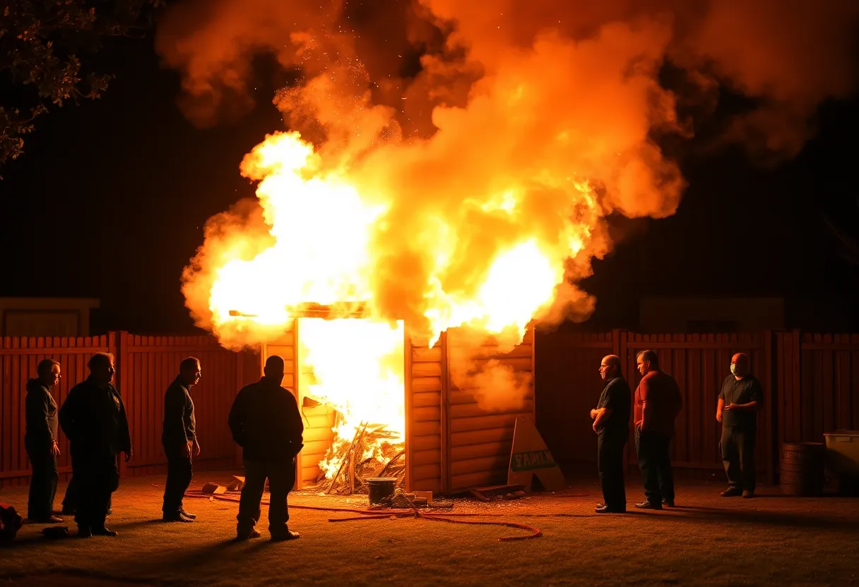Engulfed backyard shed with emergency responders at the scene of an explosion