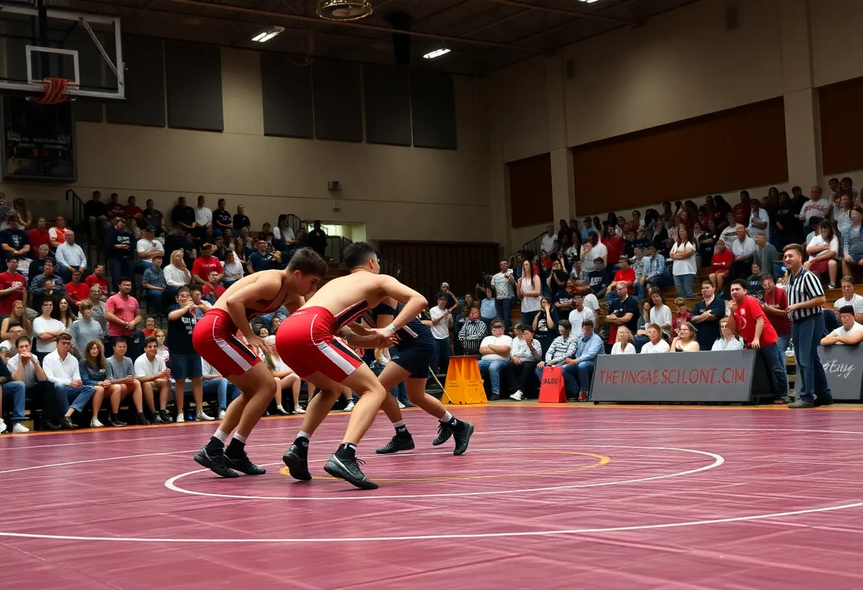 Action shot from a college wrestling match featuring athletes displaying skill and determination.