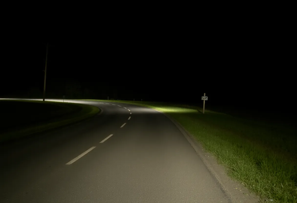 An empty country road at night, illustrating a crash site atmosphere.