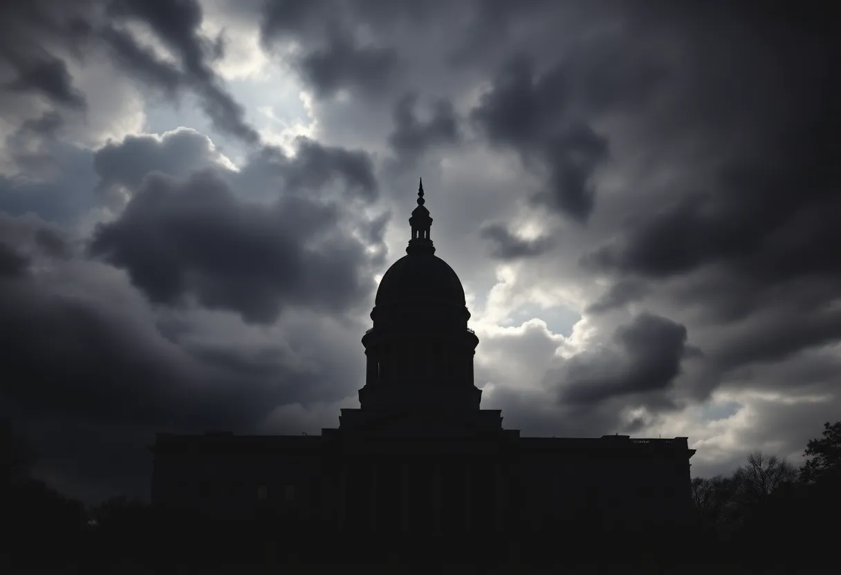 Silhouette of Minnesota Capitol with dark clouds symbolizing unrest