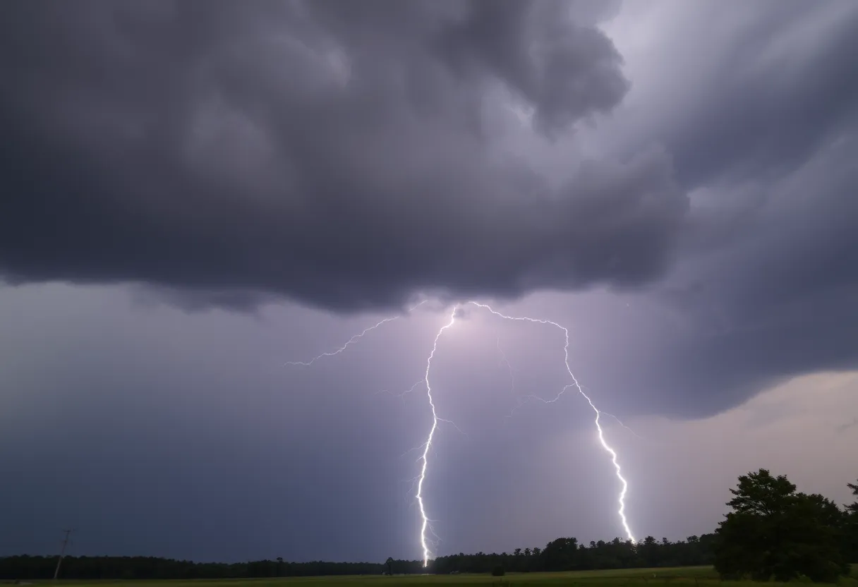 Severe thunderstorm over Aiken, South Carolina with dark clouds and lightning.