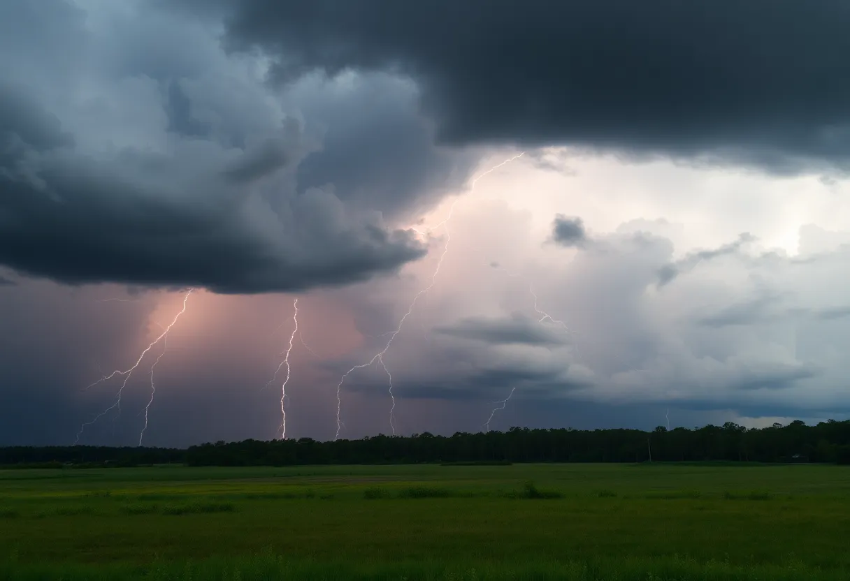 A severe thunderstorm over Central South Carolina with dark clouds and lightning.